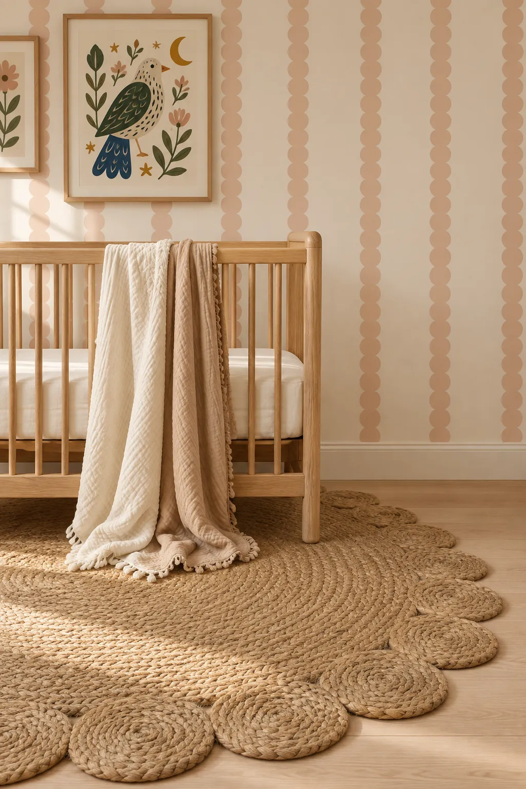 Nursery scheme combining blush scalloped stripes with a textured jute rug.