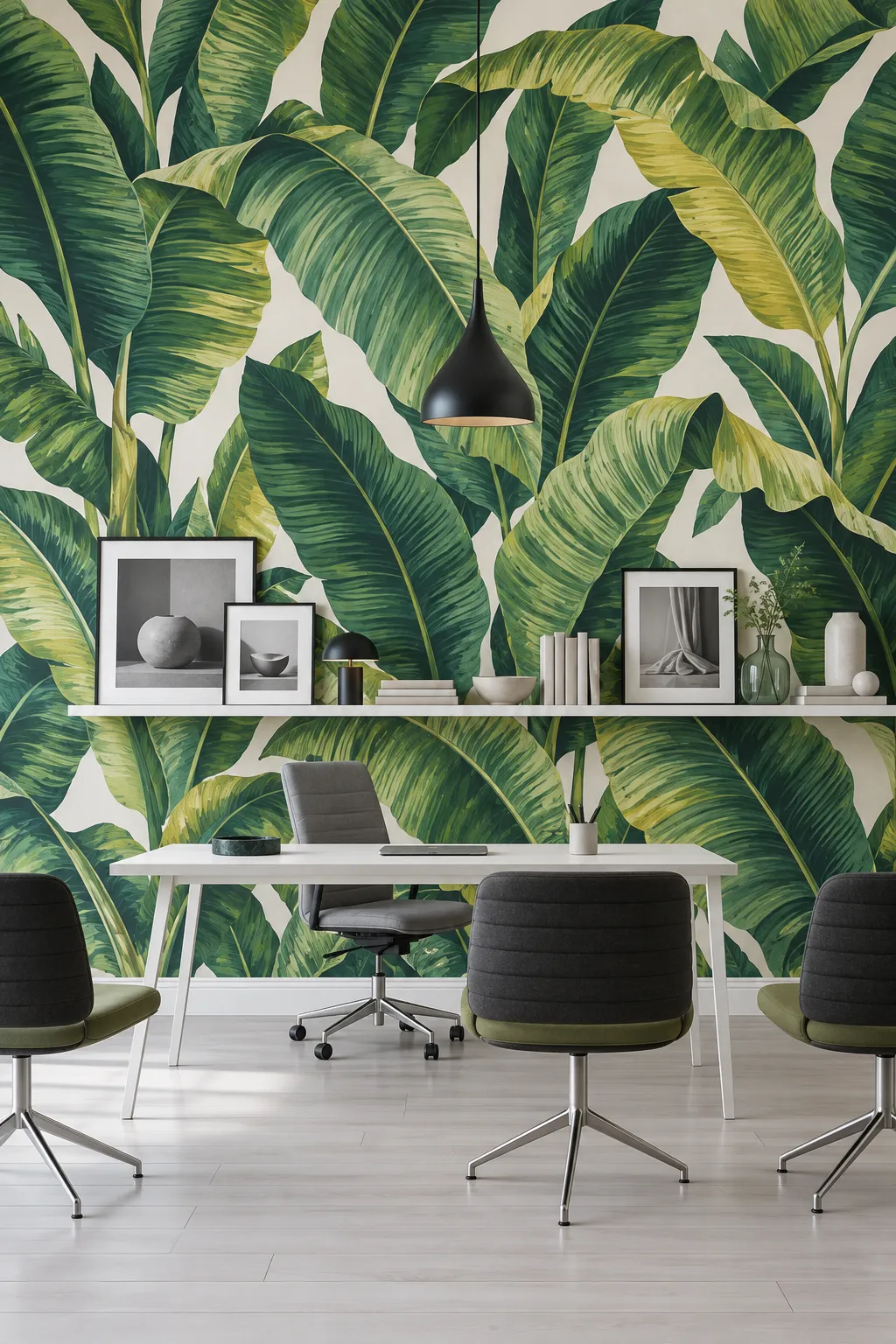 Modern office concept with a bold green botanical focal wall.