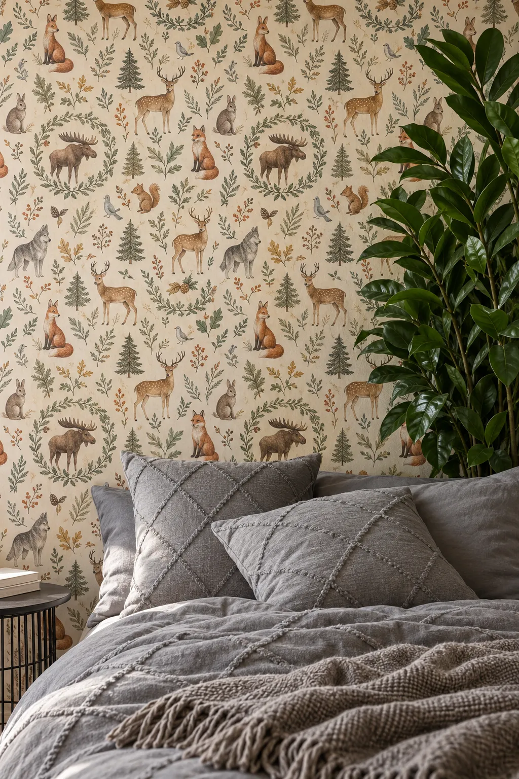 Woodland animal and botanical mural paired with a gray bedroom palette.