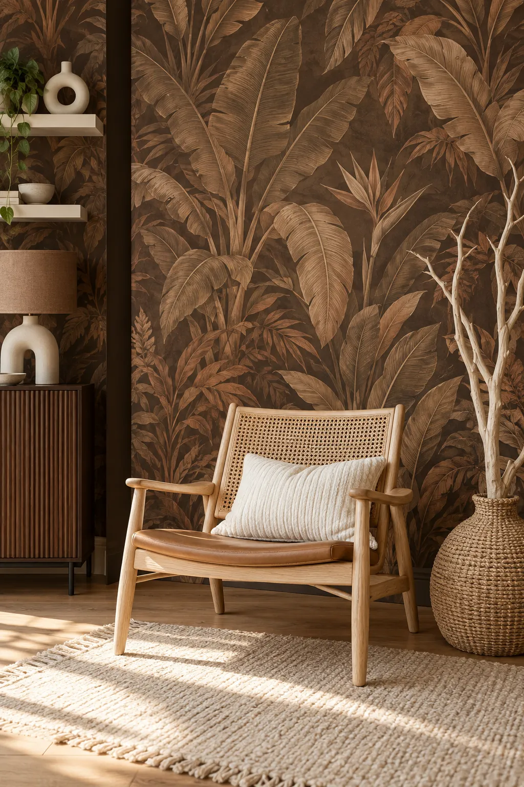 Cozy corner concept pairing brown leaf wallpaper with a cane chair.