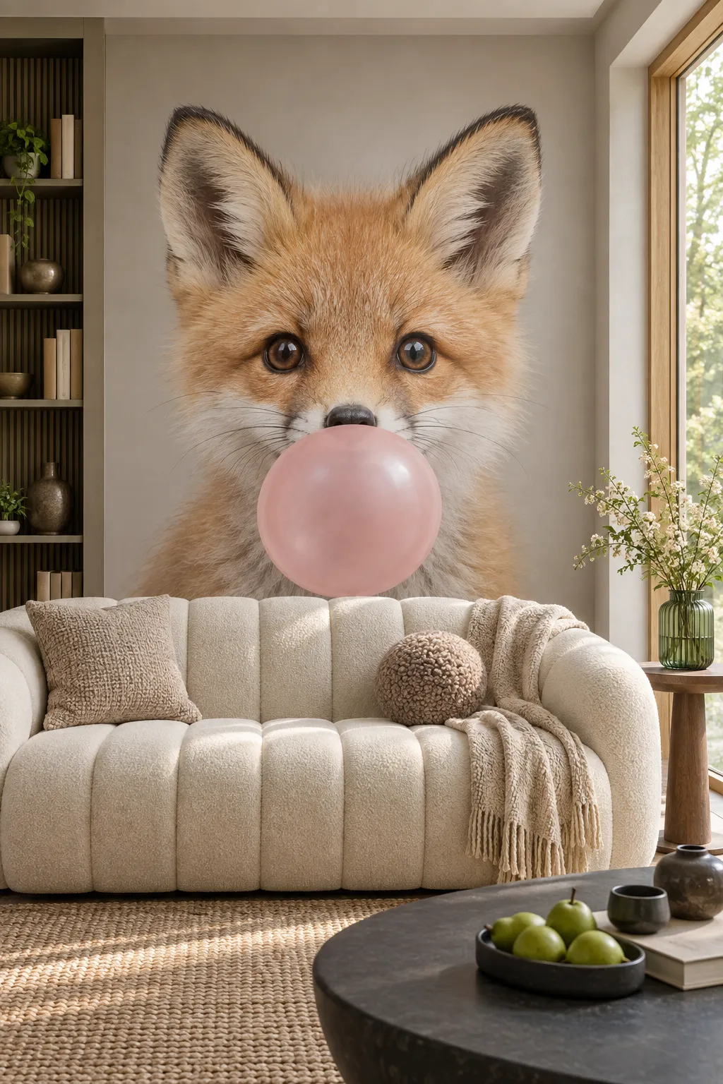 Fox blowing a bubblegum bubble as a focal point in a neutral living room