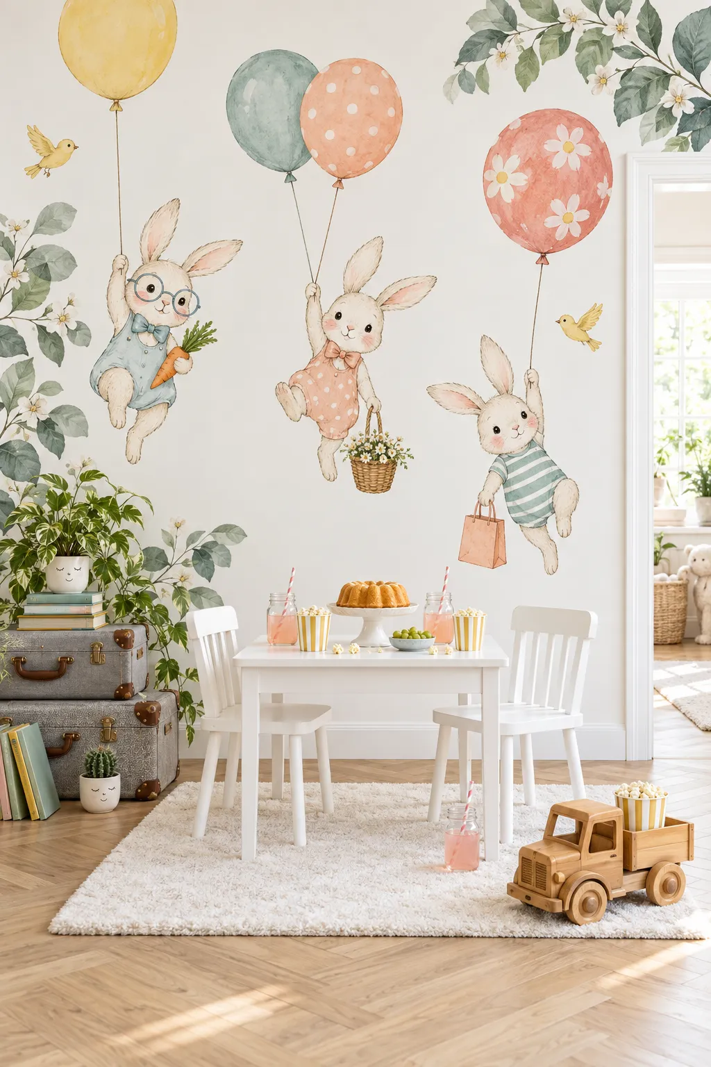 Botanical playroom concept with foliage and whimsical bunny balloon motifs.