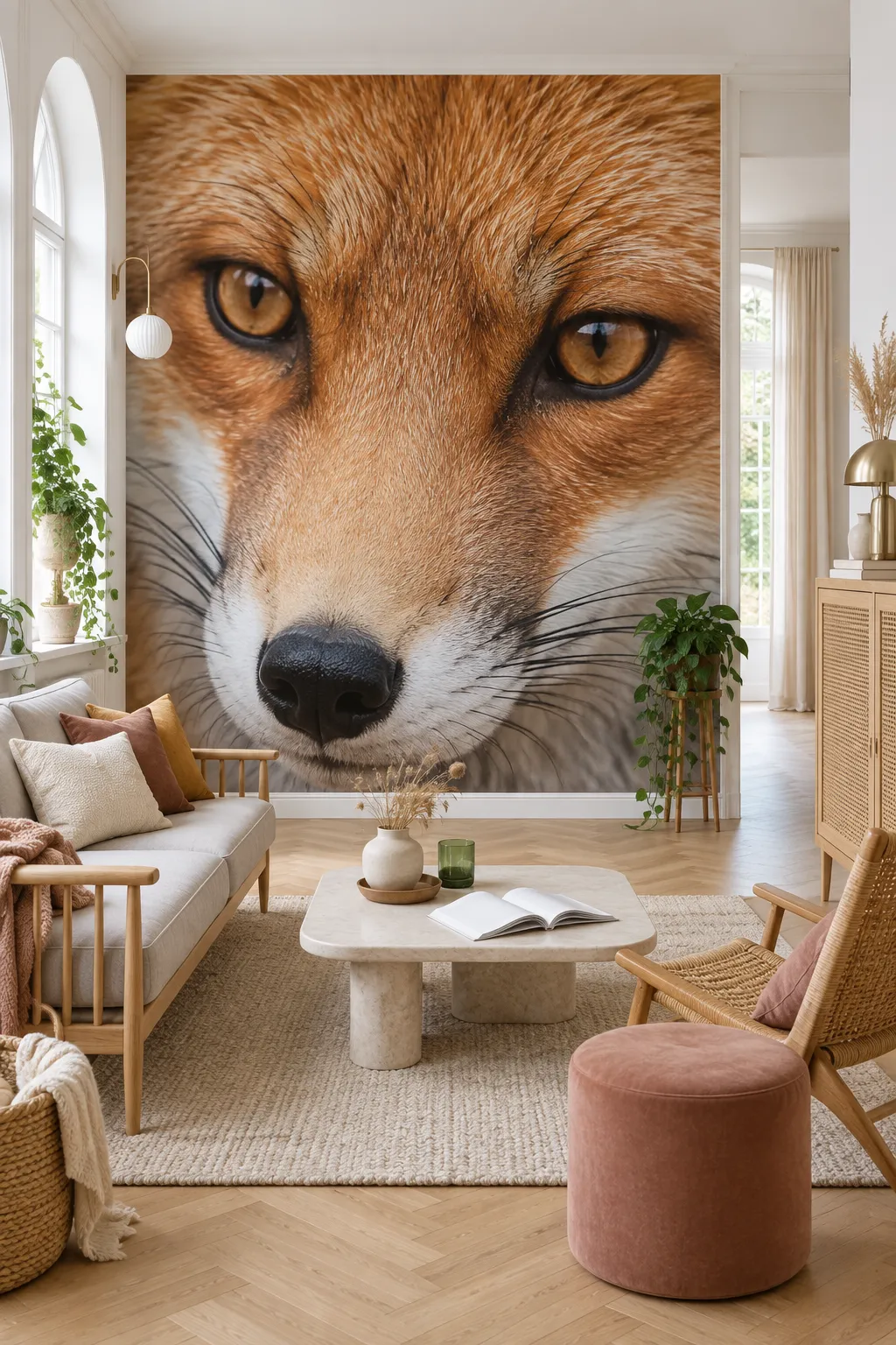 Close-up red fox portrait anchoring a Scandinavian-style living room