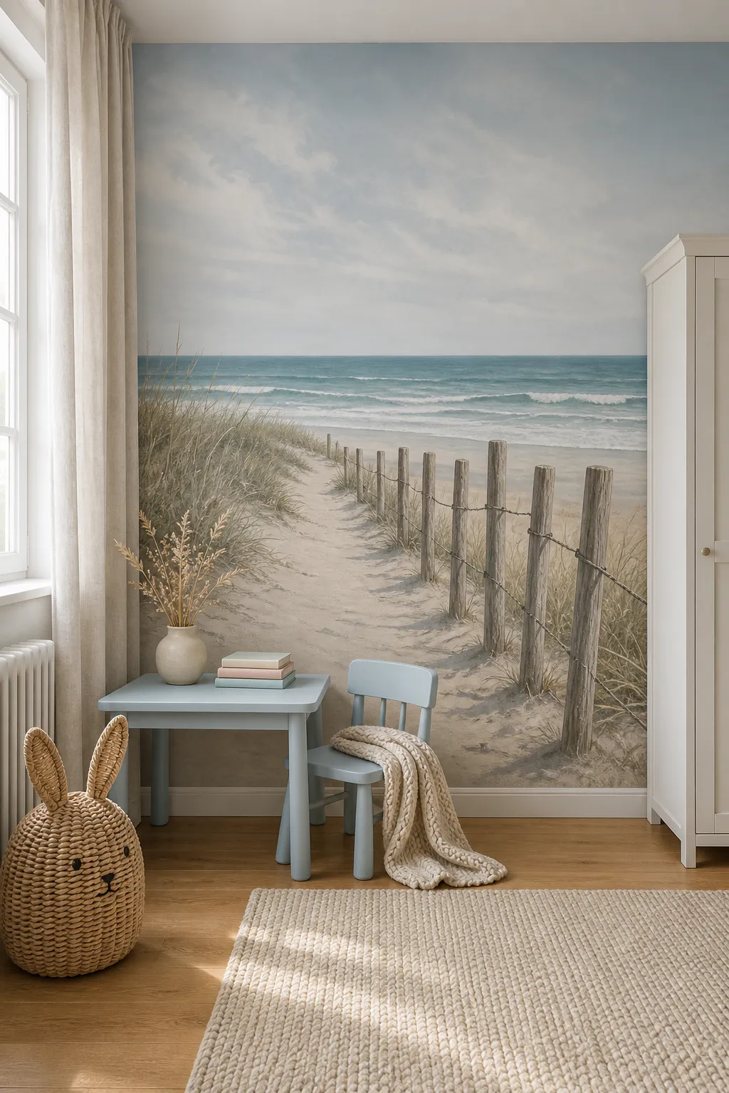 Sandy beach path and rustic fence mural concept for a kids’ room
