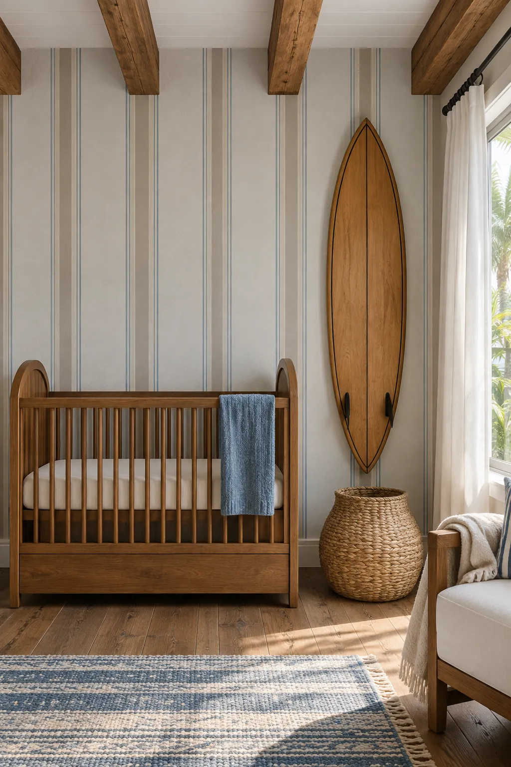 Coastal nursery scheme combining striped walls and a decorative wooden surfboard.