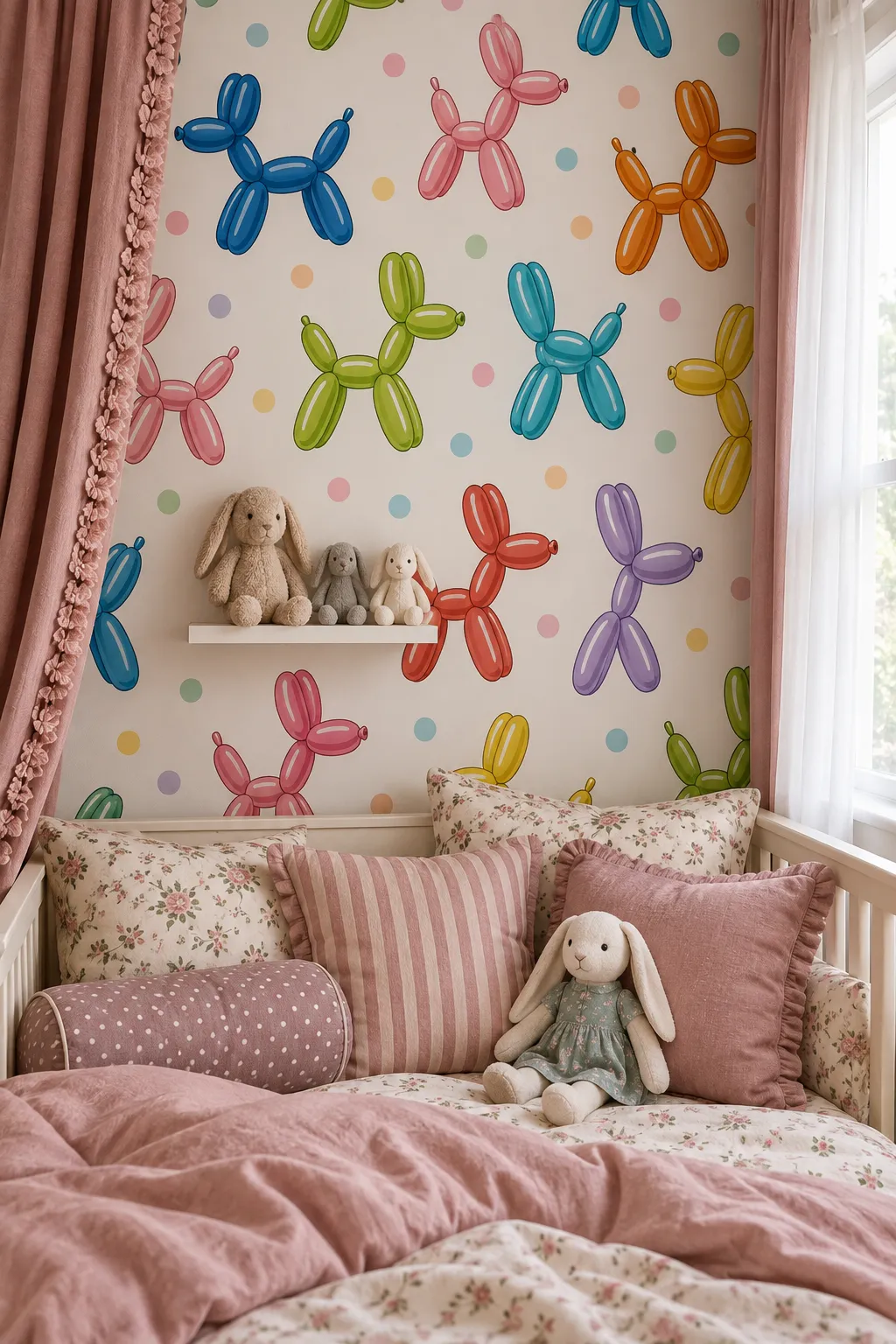 Colorful balloon dog wallpaper concept for a pink nursery
