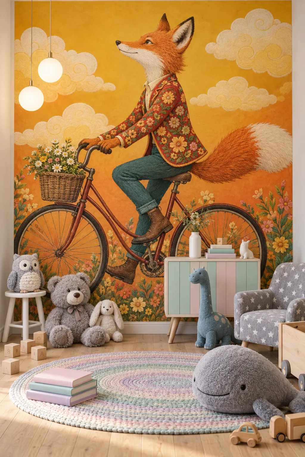 Playful nursery mural featuring a fox riding a bicycle.