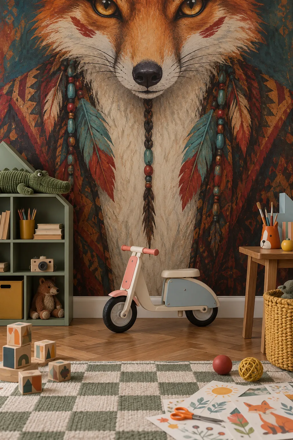 Colorful fox wall art used as the focal point of a creative playroom.