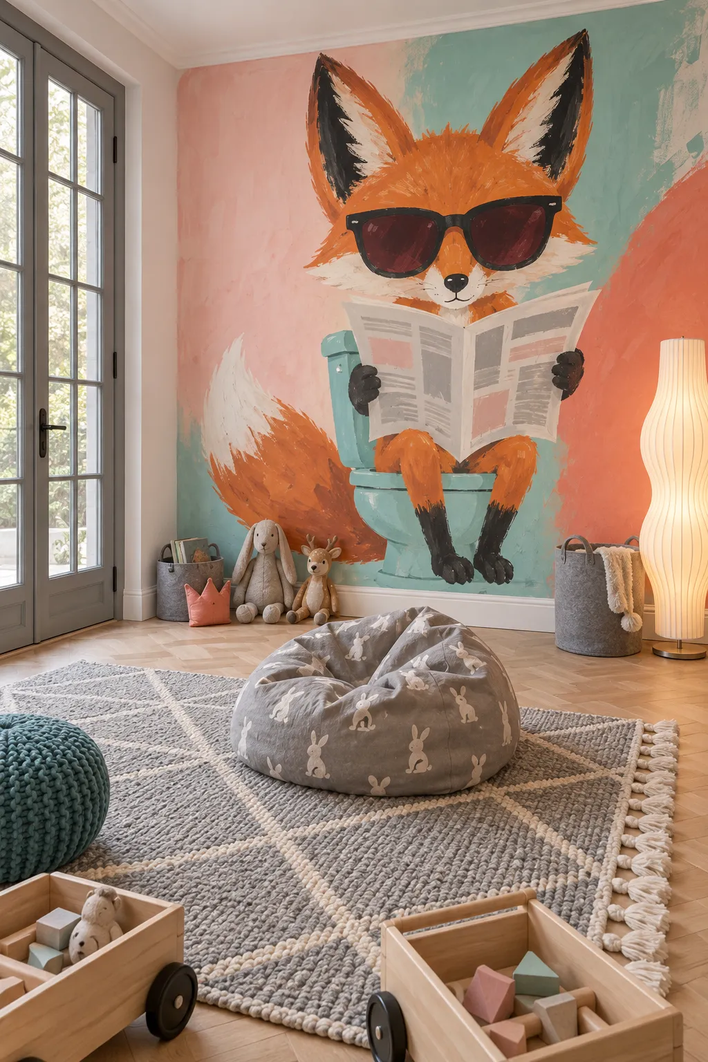 Colorful fox wearing sunglasses as a playful playroom art theme