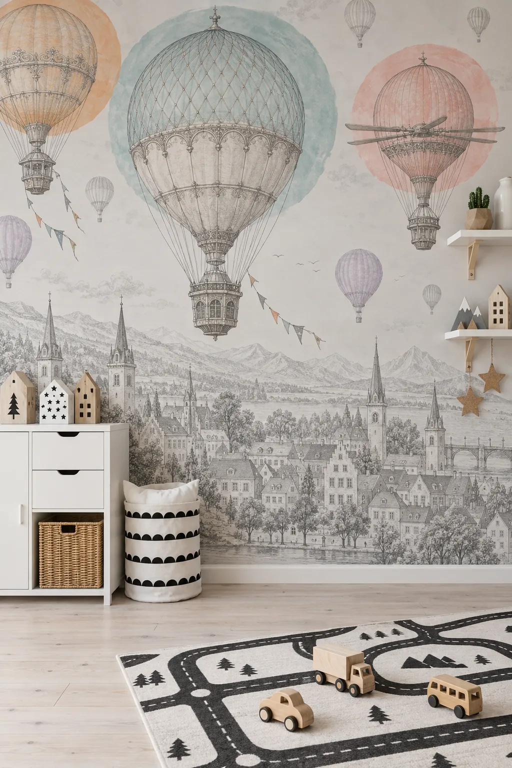 Colorful vintage balloon wallpaper concept for a whimsical playroom
