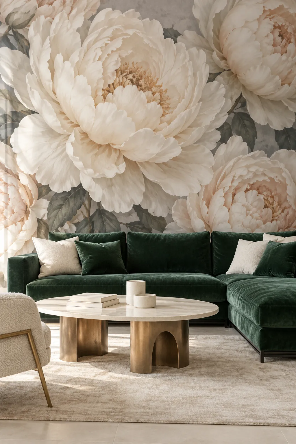 Living room design pairing an emerald sectional with cream peony walls.