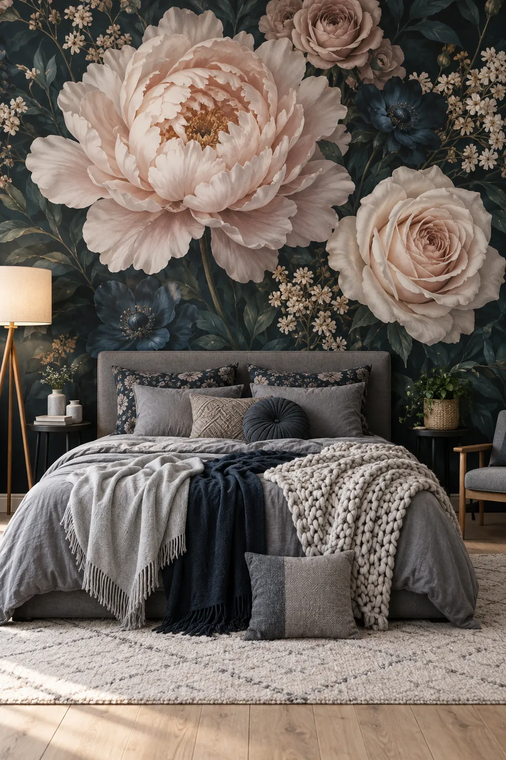 Dark peony accent wall behind a bed with cozy gray bedding