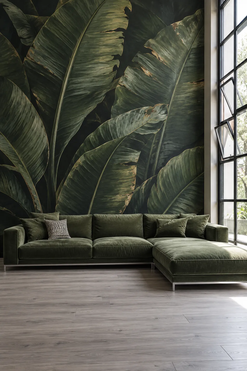 Modern sectional sofa anchored by a dark green botanical mural.
