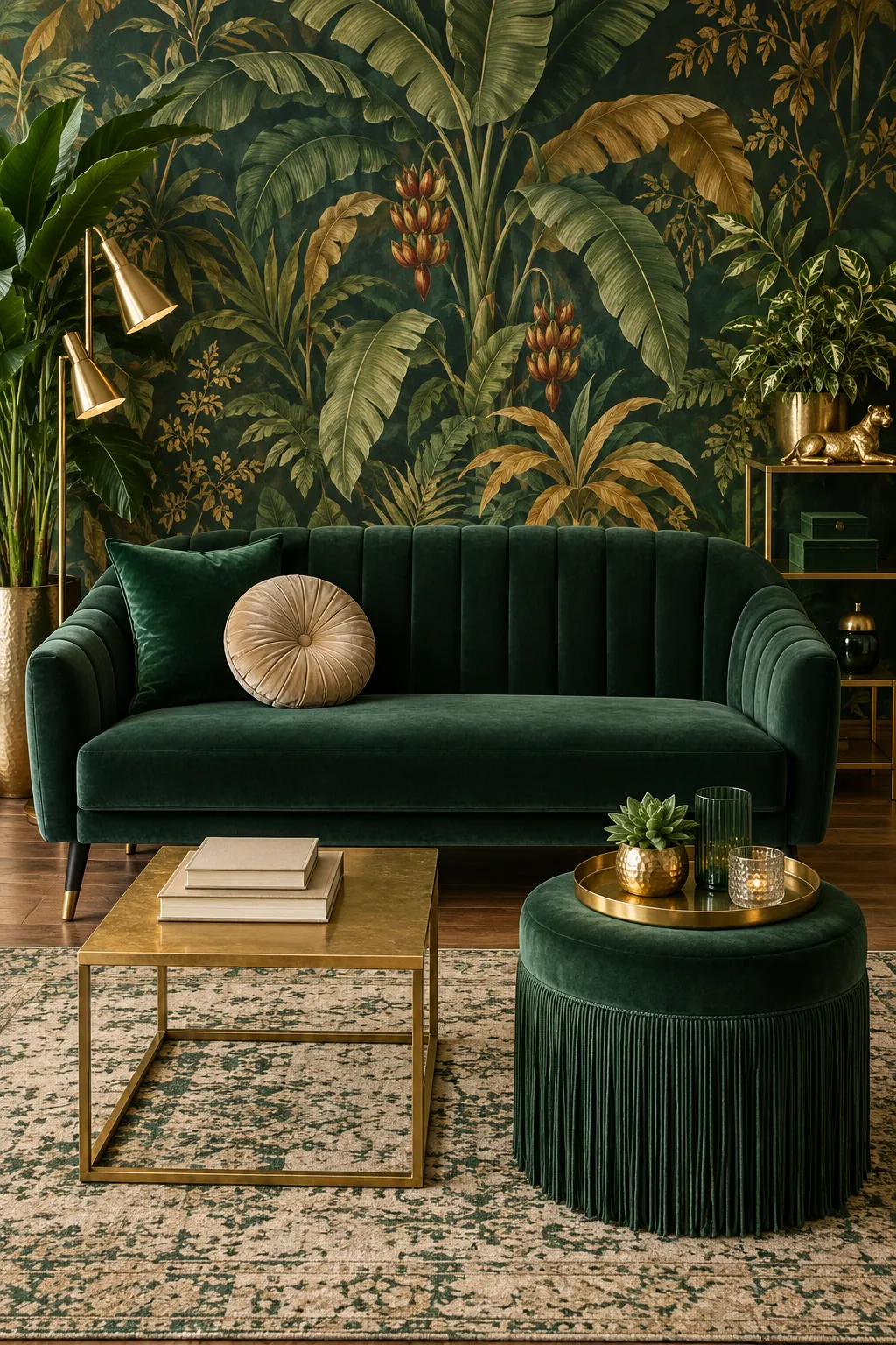 Living room concept pairing dark green and gold leaf wallpaper with a velvet sofa.