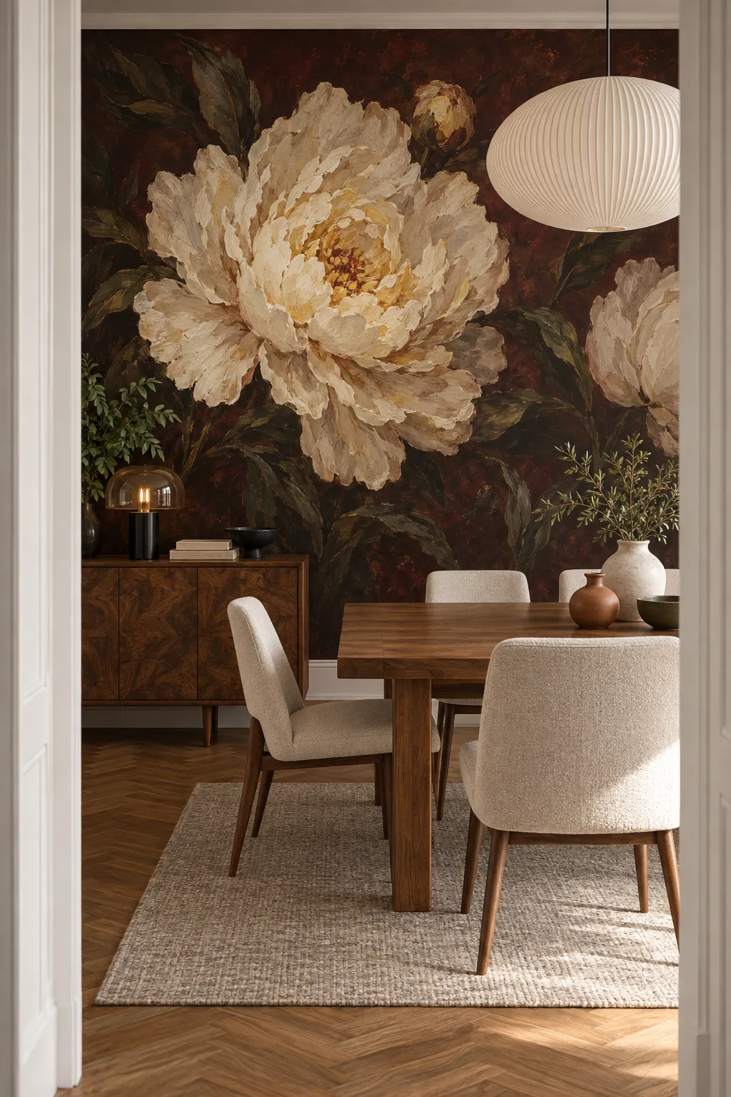 Moody dining room concept featuring oil-painting-style peony walls and a wood dining table.