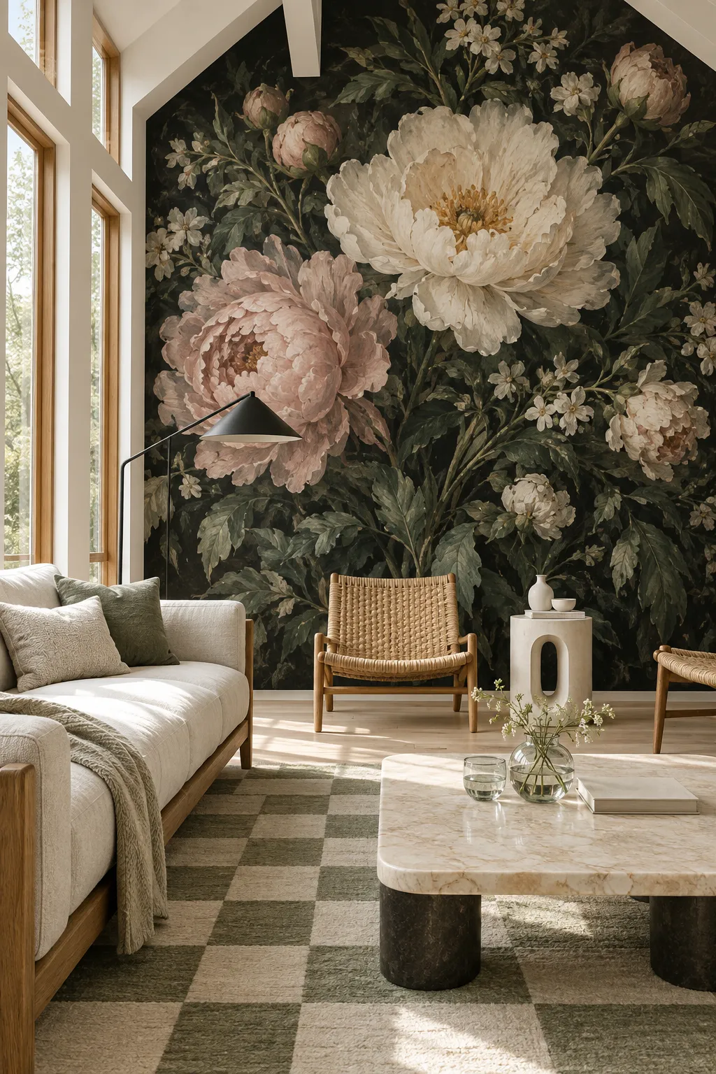 Living room concept combining dark painterly peony walls with wood, linen, and woven textures.