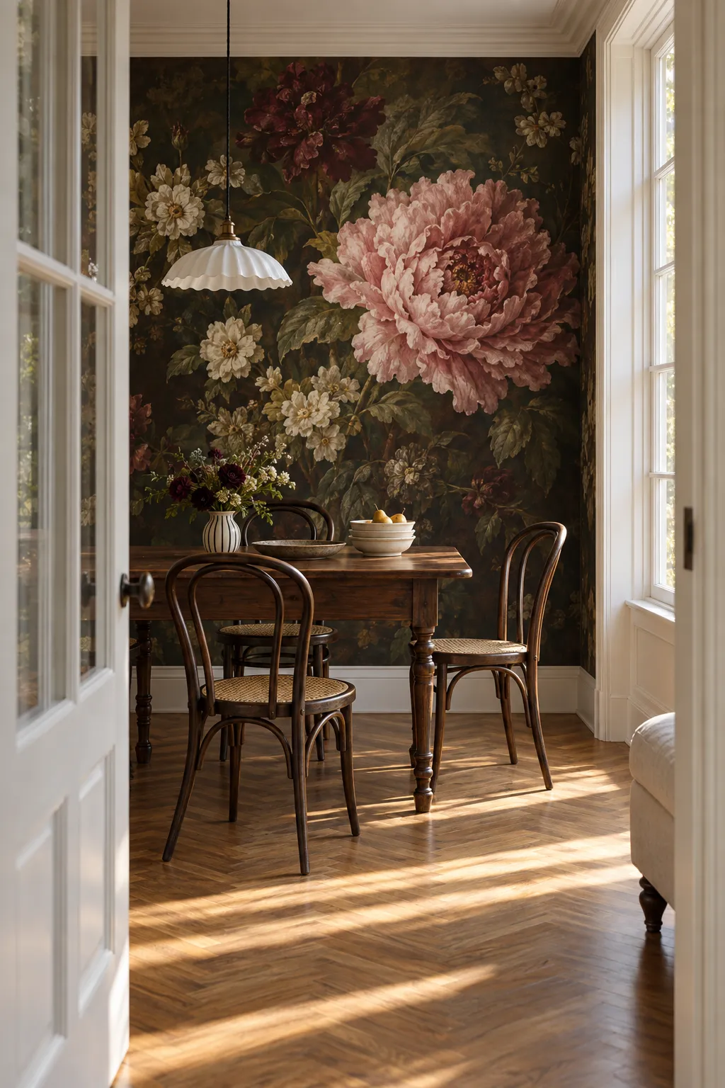 Vintage dining nook styled against a dark peony floral backdrop