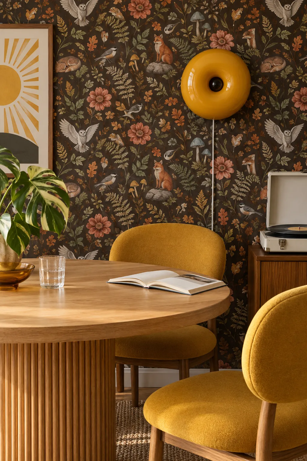 Dark woodland fox mural paired with mustard accents in a vintage dining nook