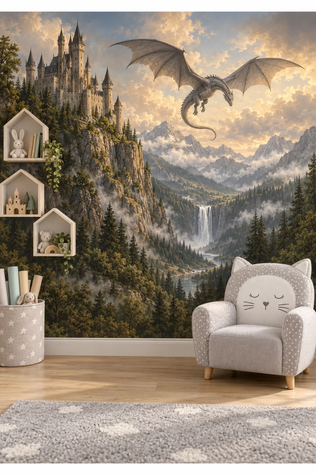 Reading nook concept featuring a dragon, distant mountains, and a fantasy landscape.