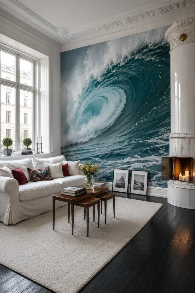 Dramatic ocean wave artwork serving as the focal point of a white living room