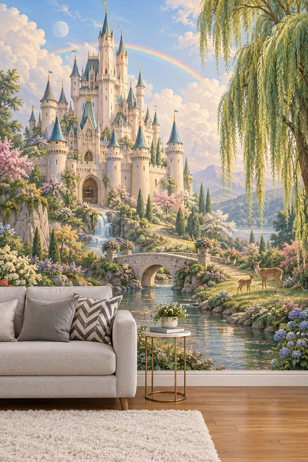 Living room concept featuring a rainbow and fairytale castle mural.