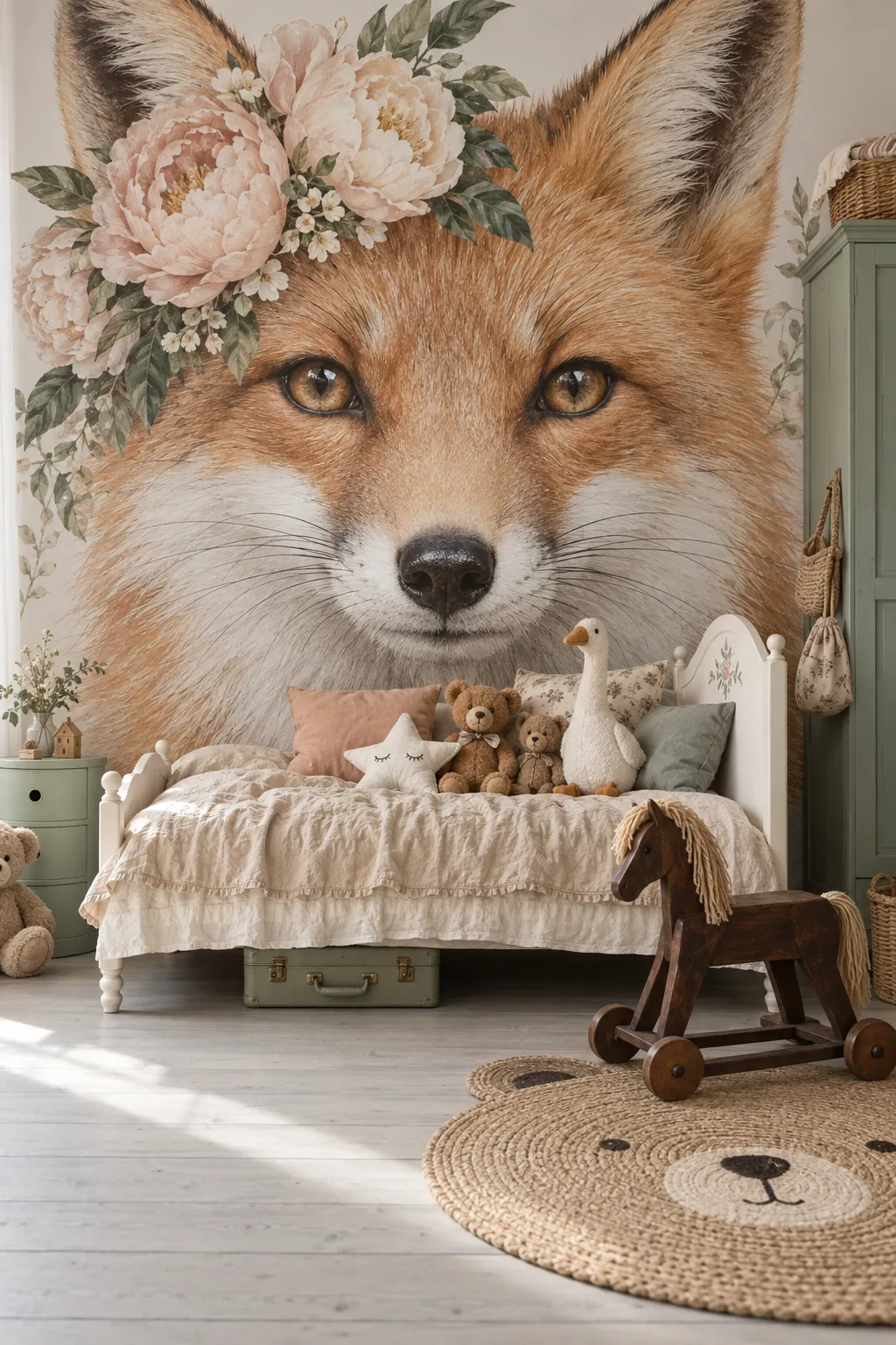 Child’s bedroom concept featuring a fox portrait wearing a flower crown