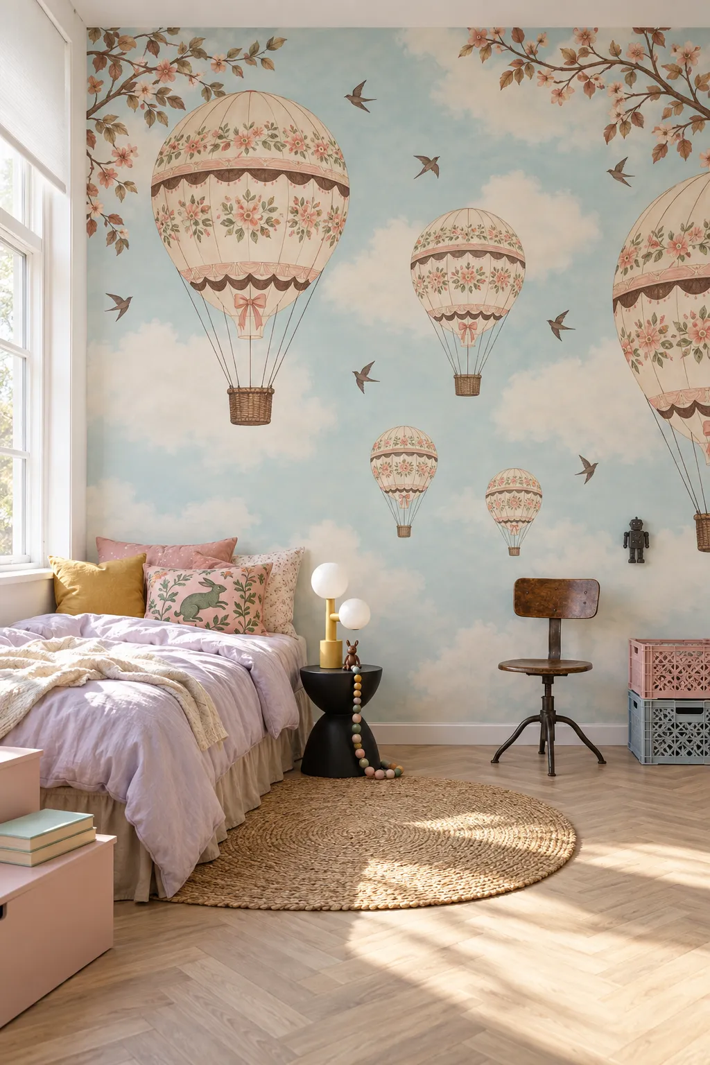 Pastel floral balloon wallpaper for vintage charm in a child's bedroom