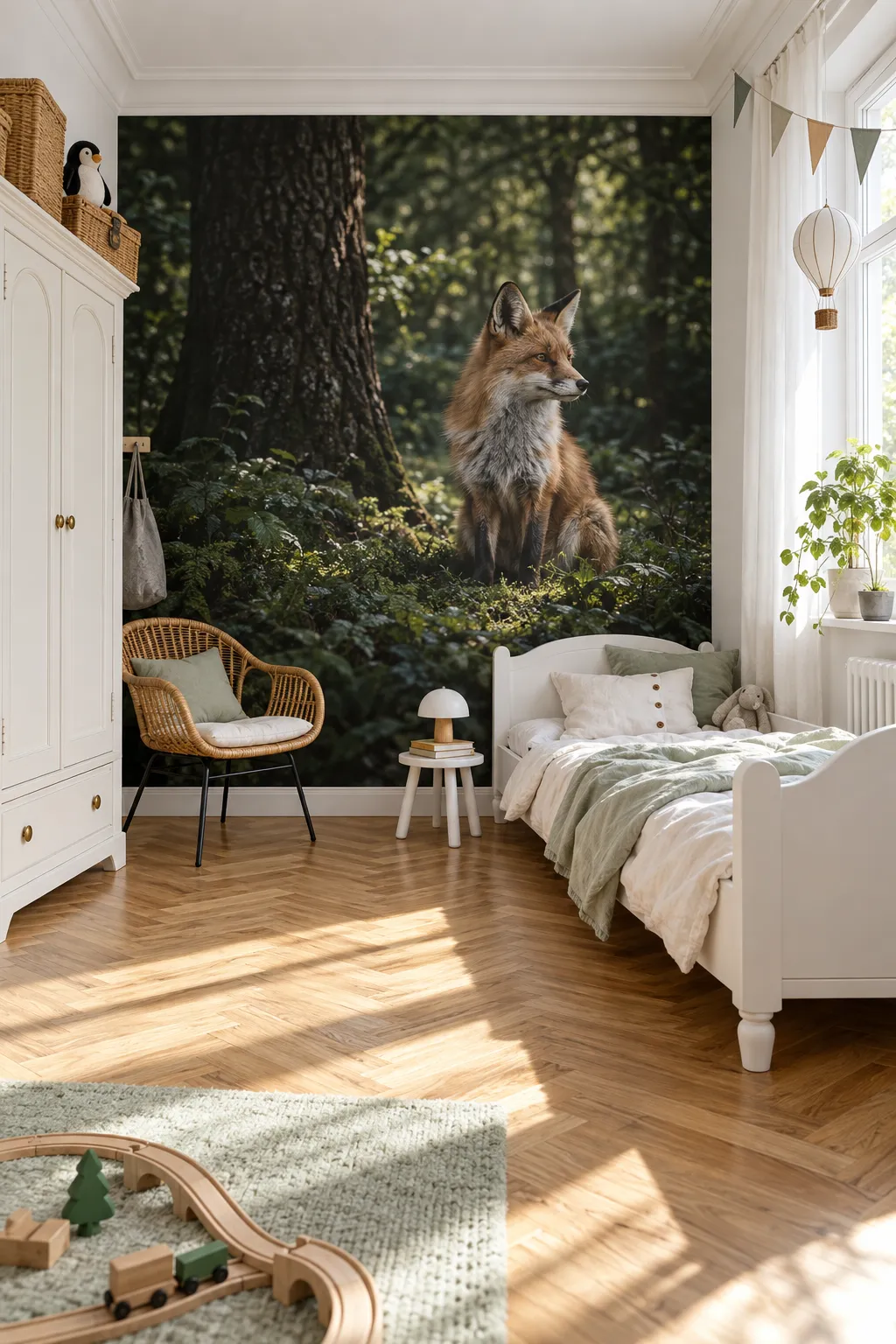 Forest fox mural adding woodland color to a white children’s bedroom.