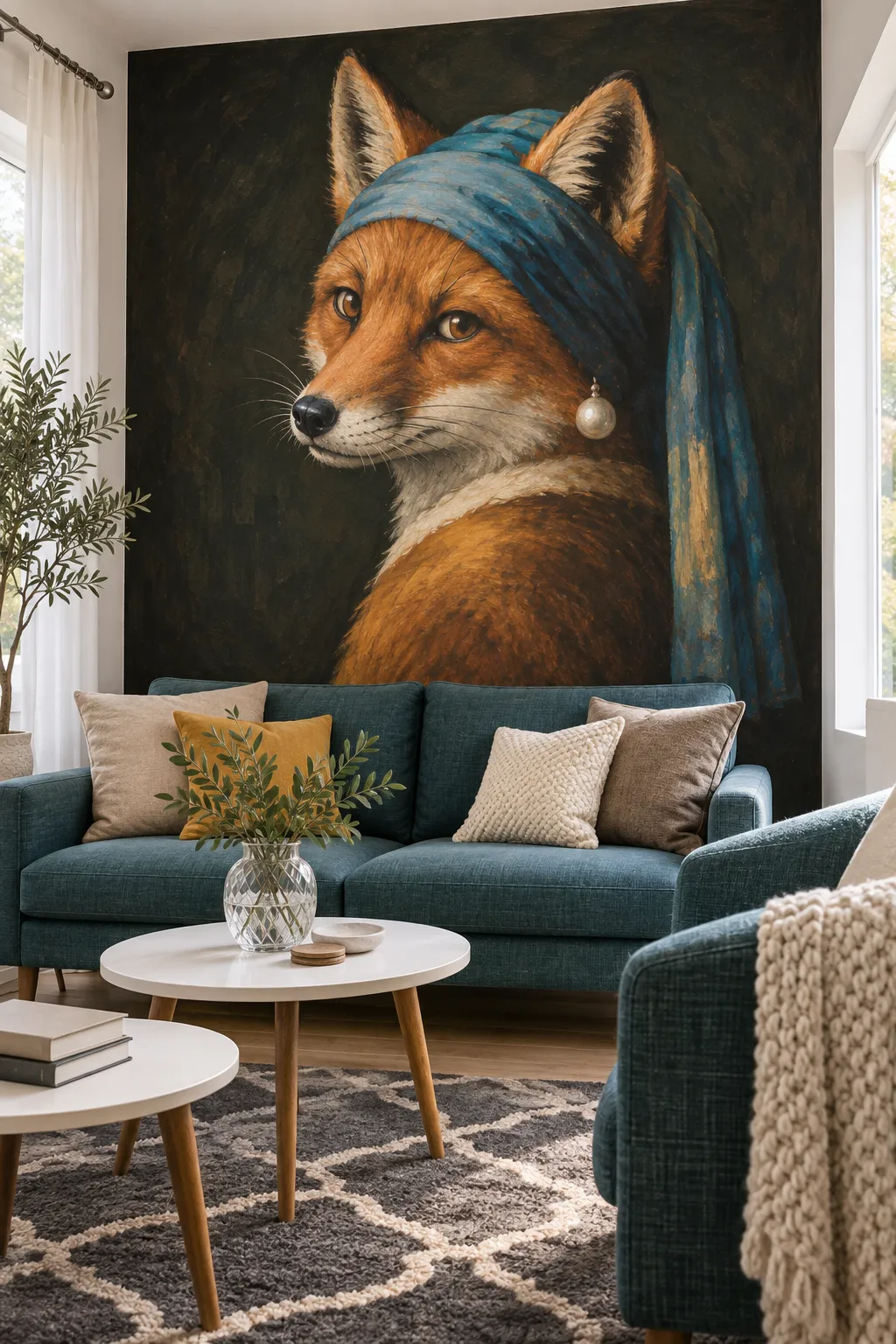 Fox portrait featuring a pearl earring paired with a teal living room