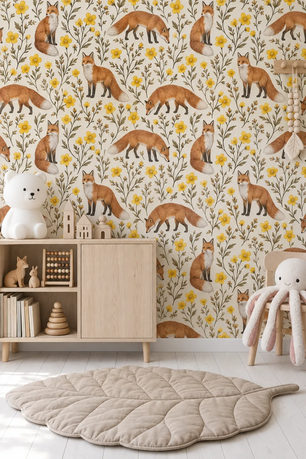 Scandinavian nursery concept combining foxes, wildflowers, and pale wood furnishings
