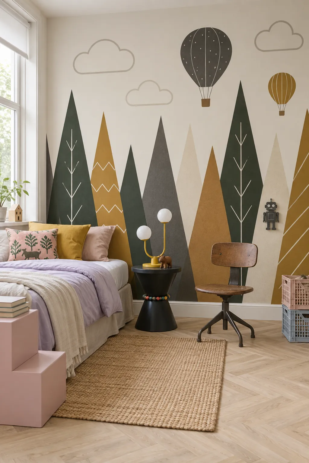 Geometric forest and balloon wallpaper for a woodland adventure bedroom theme