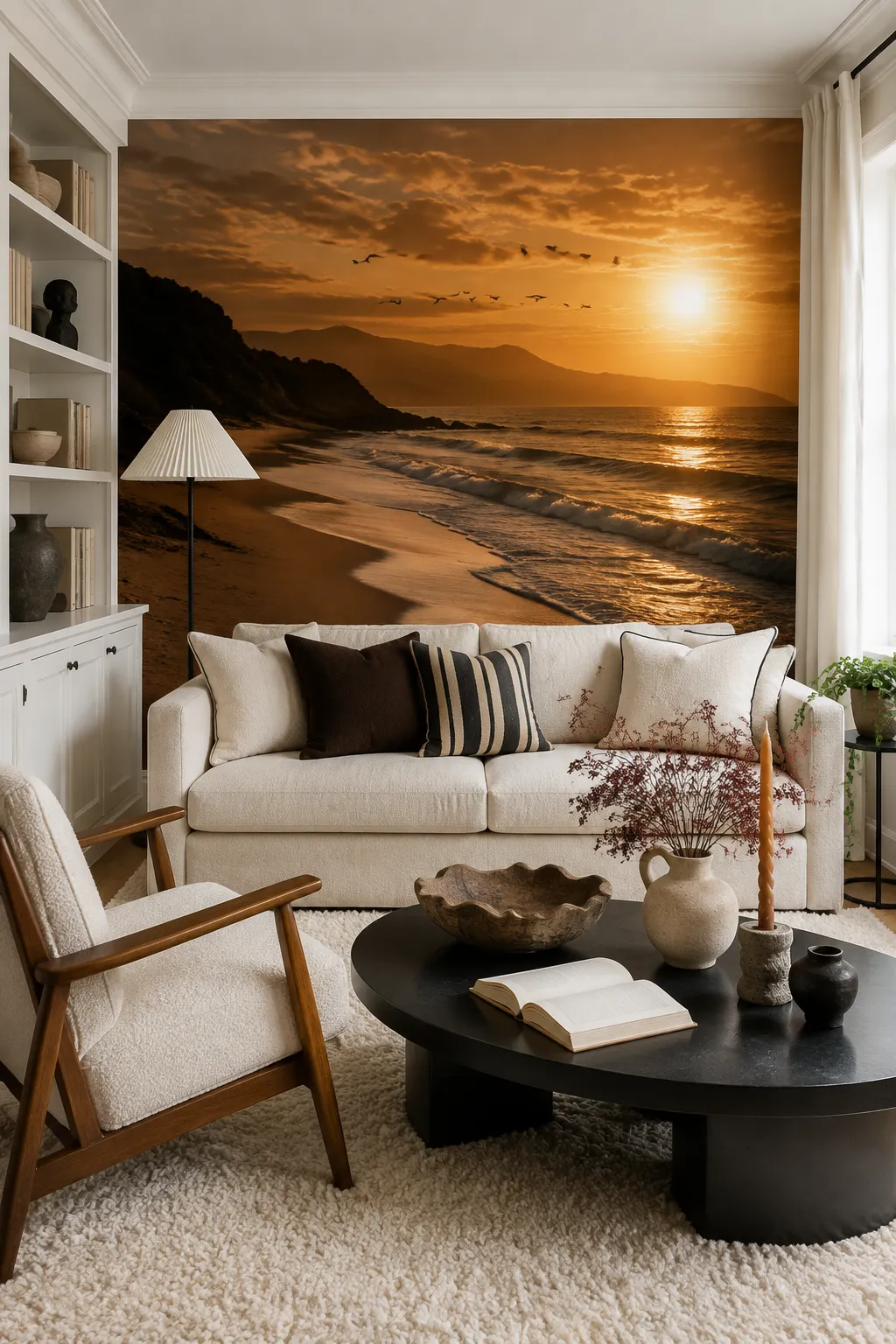 Golden ocean sunset artwork paired with neutral living room furniture