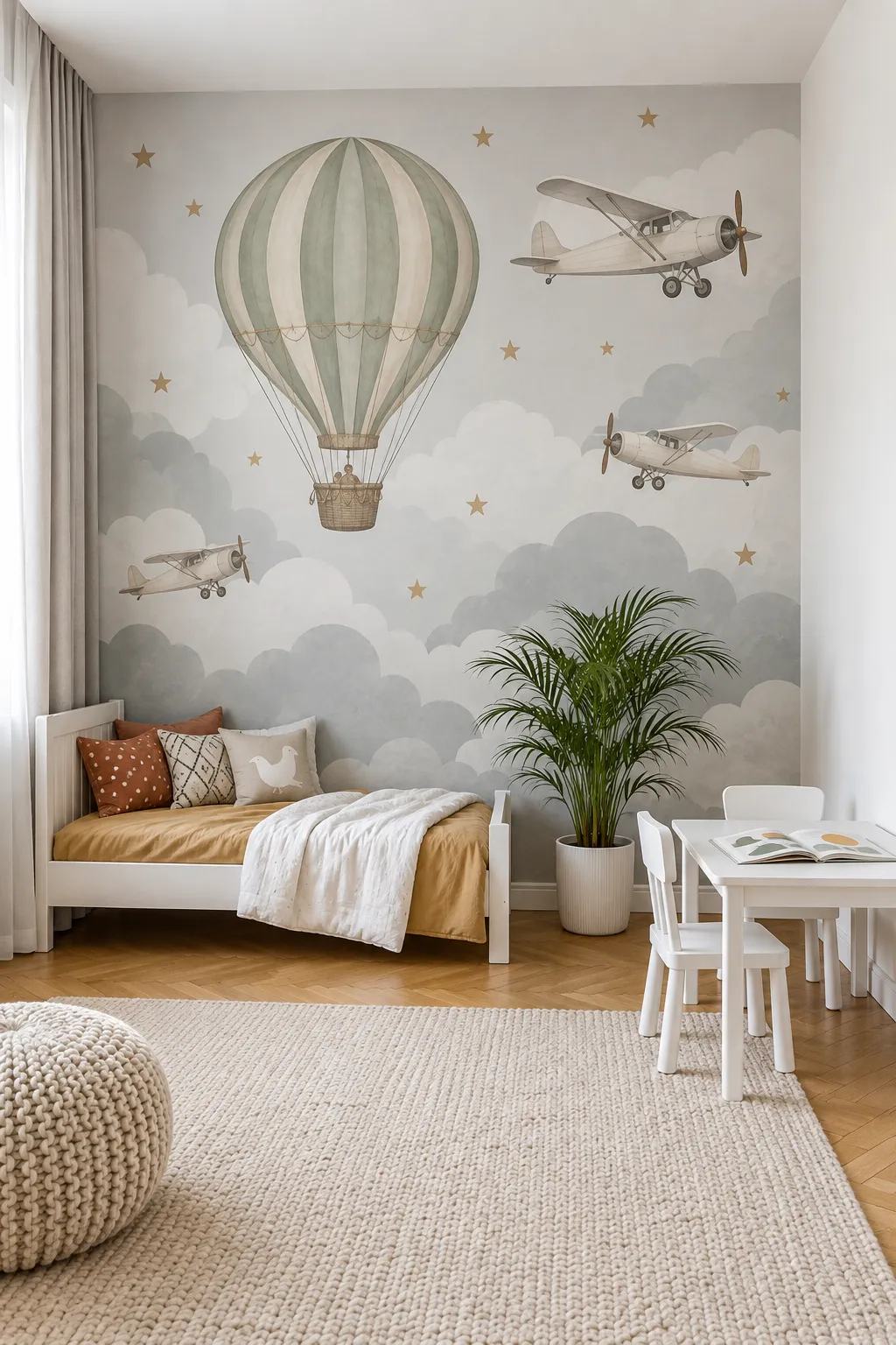 Gray airplane and hot air balloon theme for a quiet bedroom backdrop
