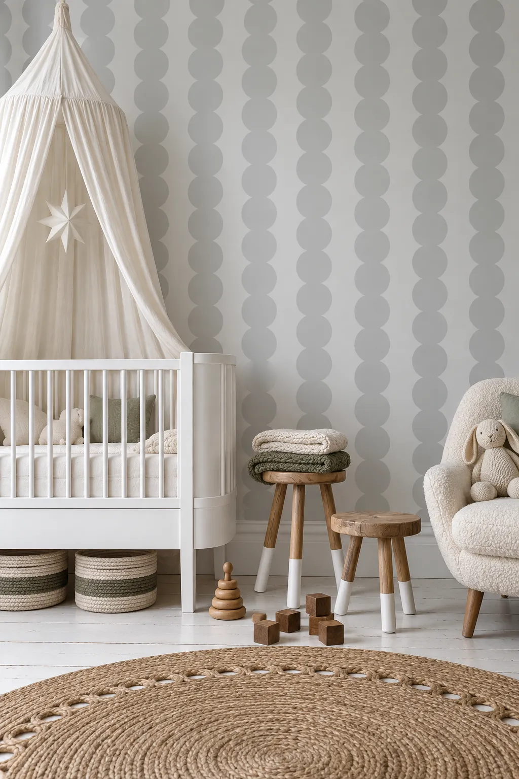 Gray scalloped striped nursery scheme softened with wood and woven textures.