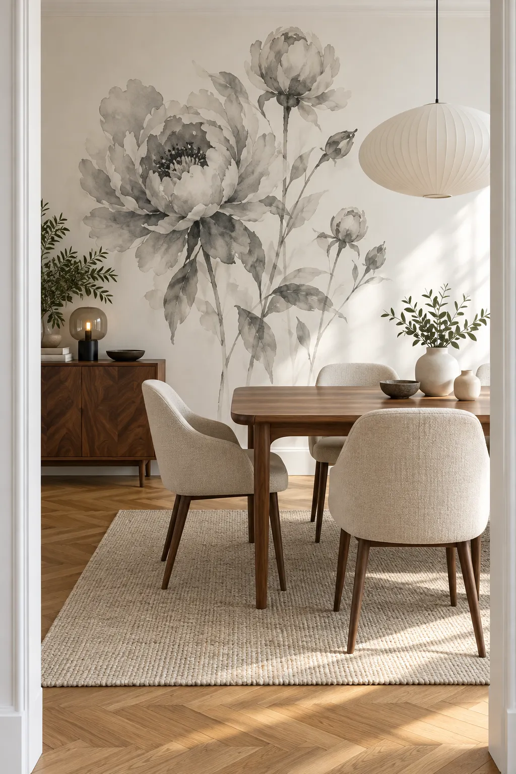 Gray watercolor floral wall design in a quiet Scandinavian dining space