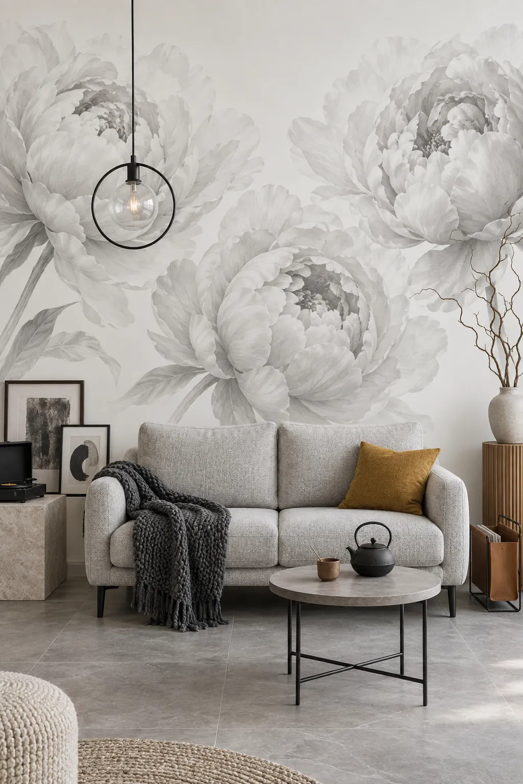 Modern living room concept with grayscale peony walls and tonal furnishings.