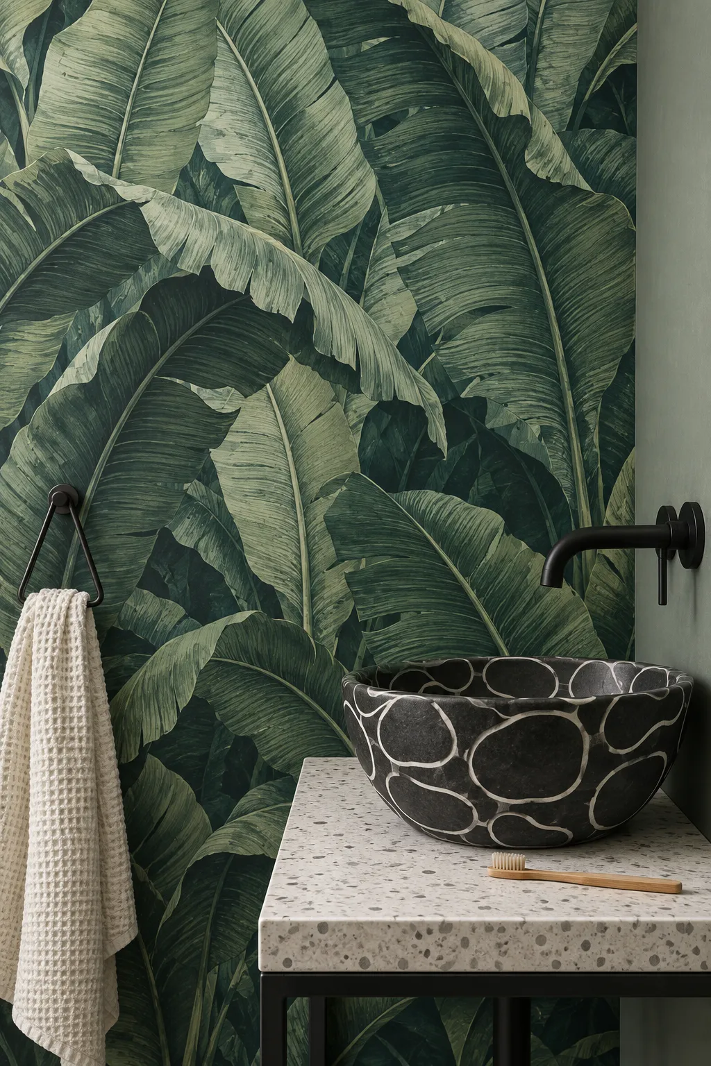 Vessel-sink vanity paired with a green botanical wall backdrop.