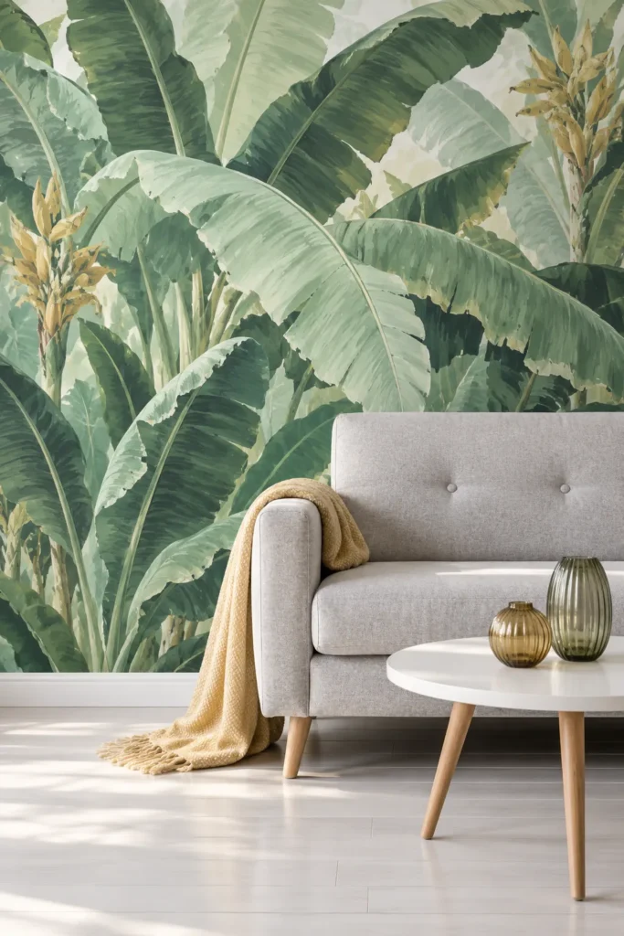 Living room concept with a gray sofa against green banana leaf wallpaper.