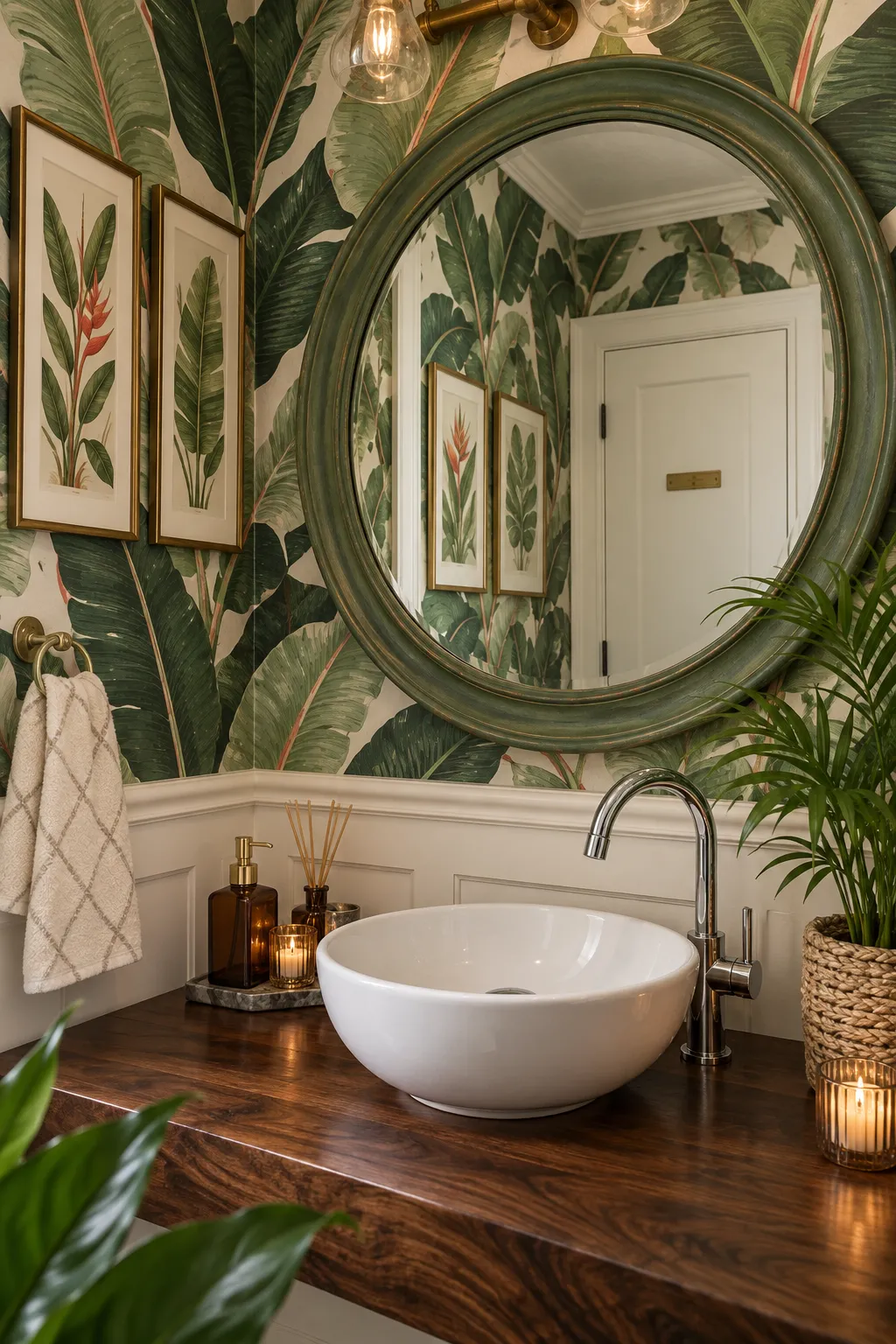 Powder room concept with a round mirror against lush green leaf wallpaper.