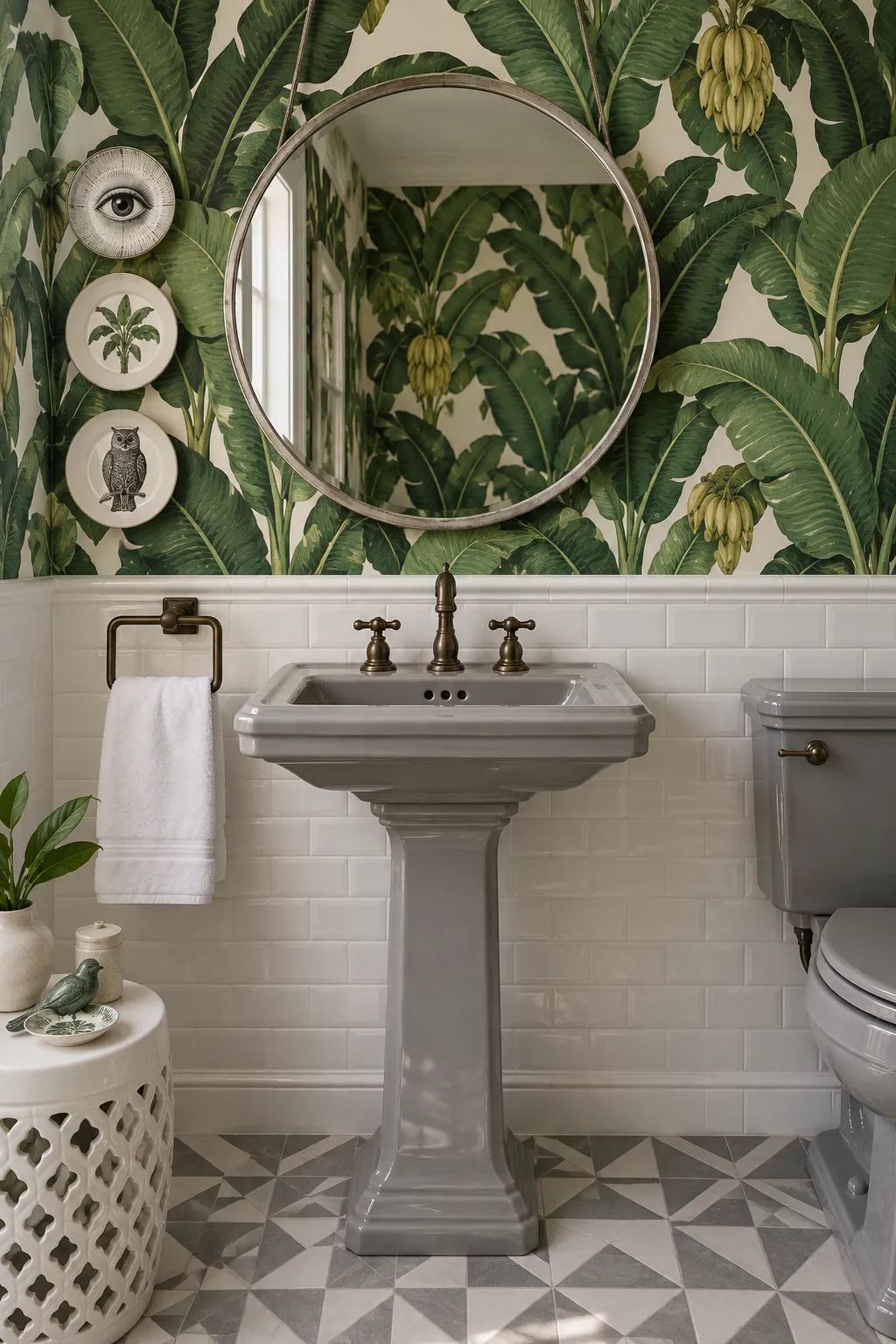Vintage powder room with a bold green foliage wall treatment.