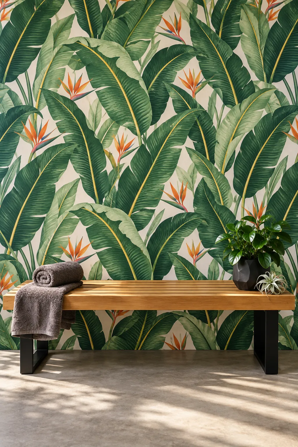 Tropical spa corner concept centered on a wooden bench and leafy backdrop.
