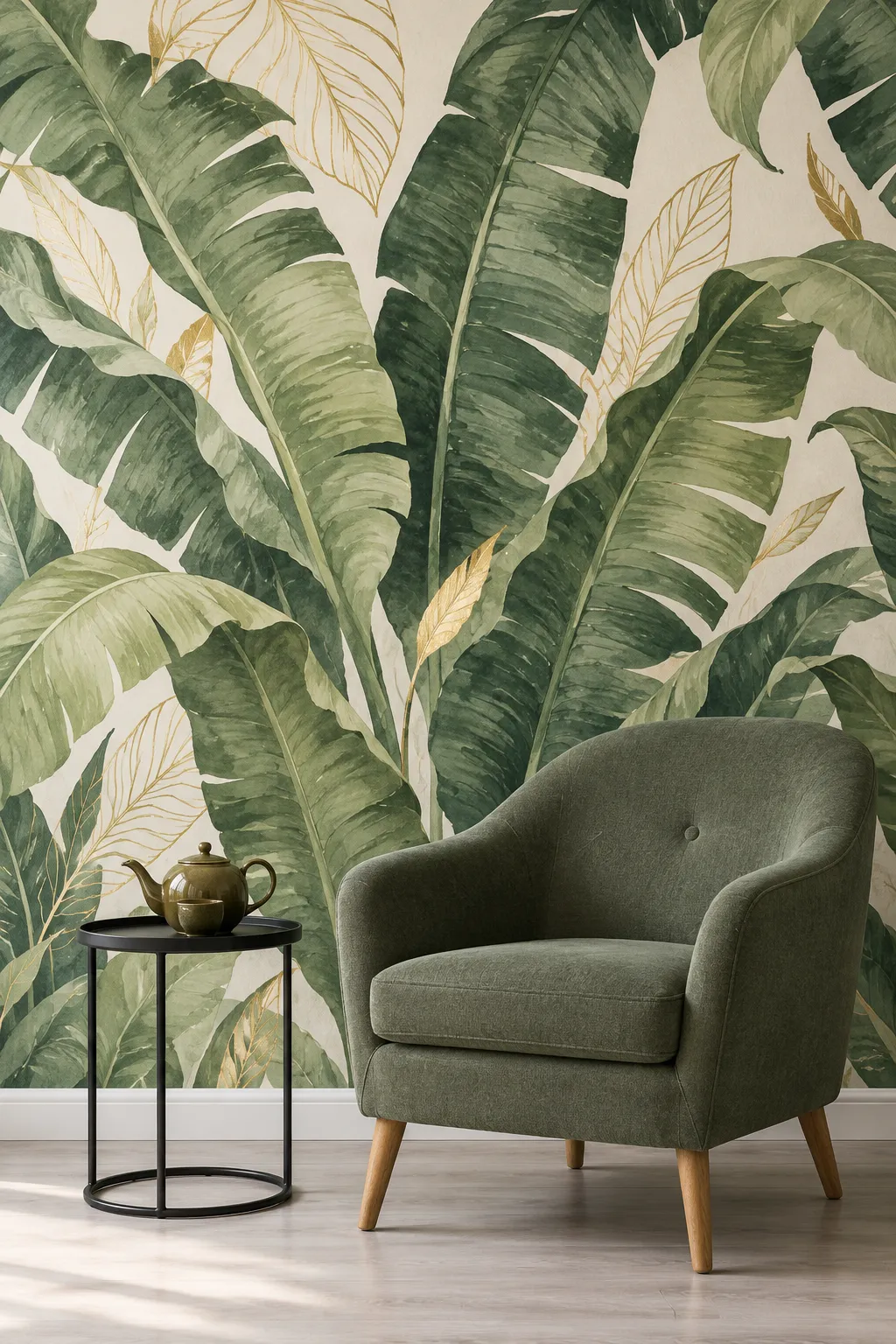 Reading corner with a green and gold botanical mural behind the seating.