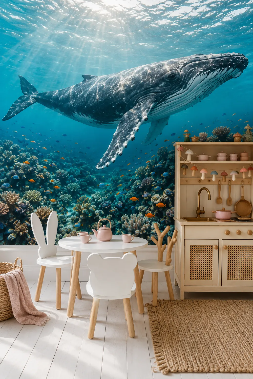 Large humpback whale mural concept for a cheerful ocean-themed playroom