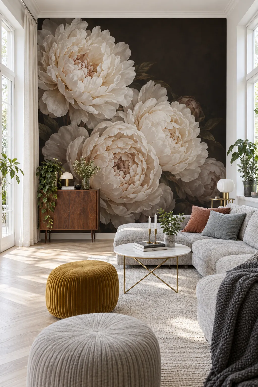 Dark Scandinavian living room concept with ivory floral walls and simple furnishings.