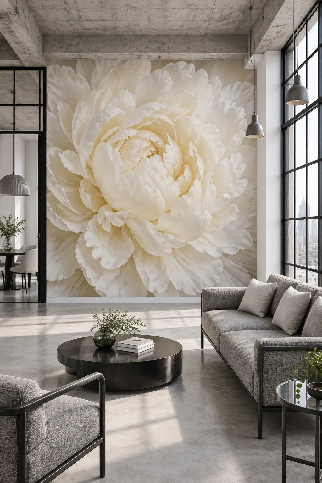 Airy ivory peony wall design softening an industrial loft interior