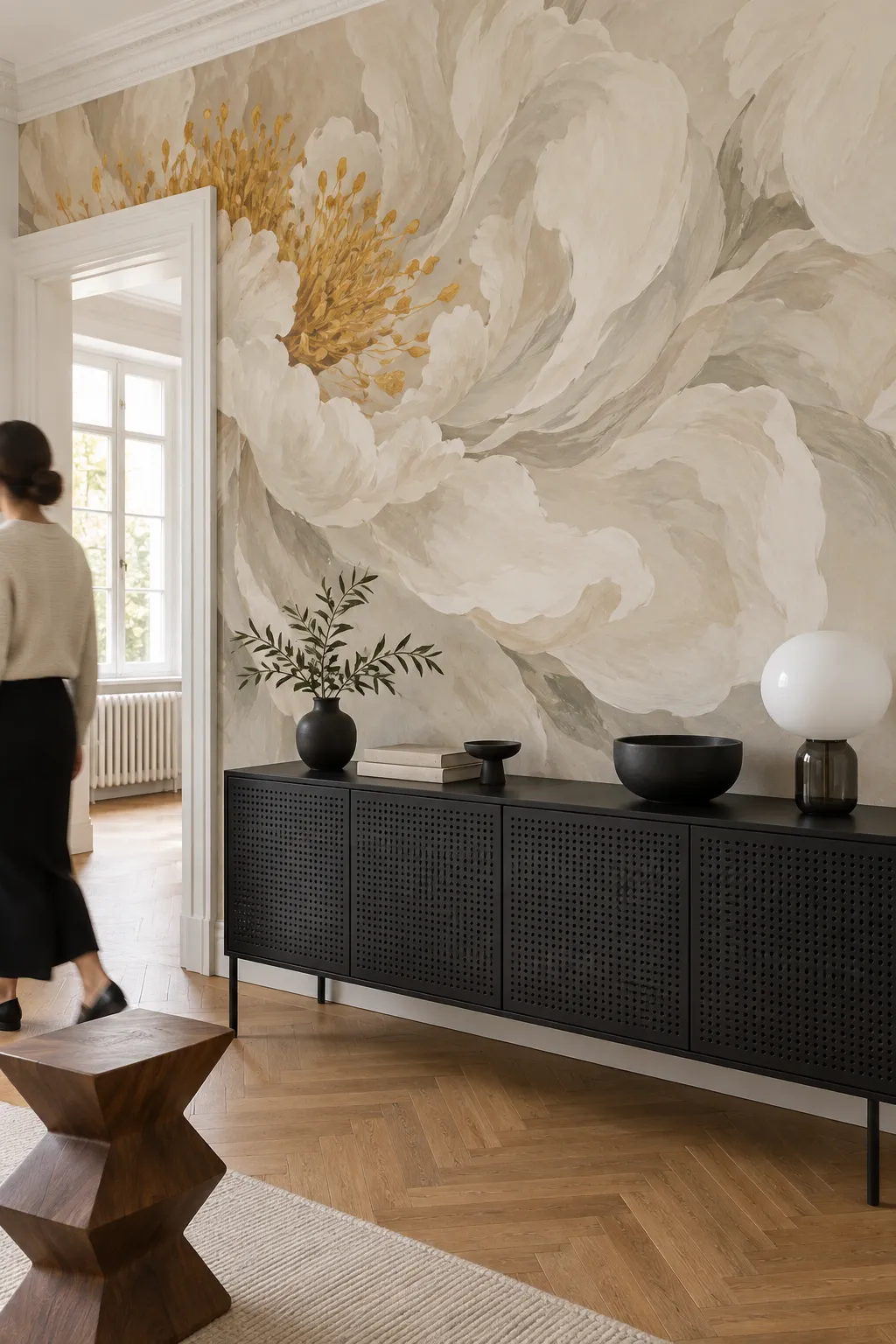 Neutral hallway with ivory peony wall decor and a black console table