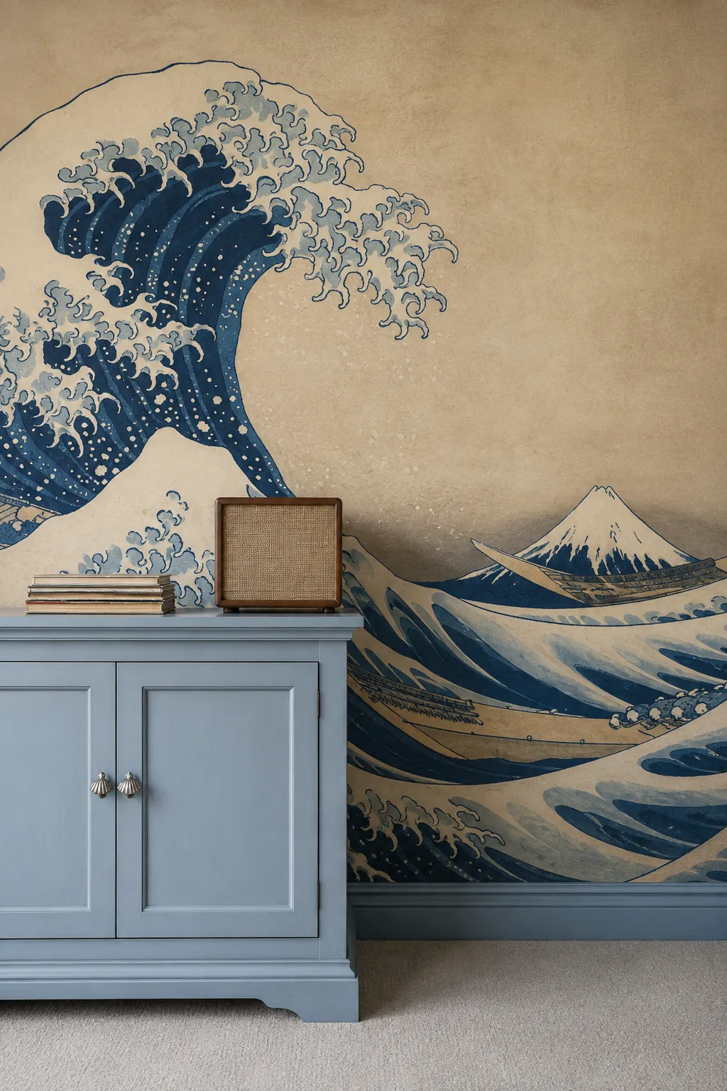 Powder blue sideboard beneath a Japanese-inspired ocean wave mural