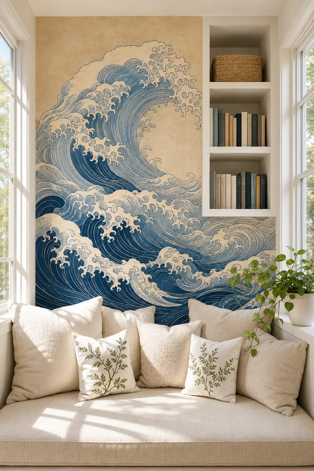 Japanese-inspired wave mural concept for a sunlit reading nook
