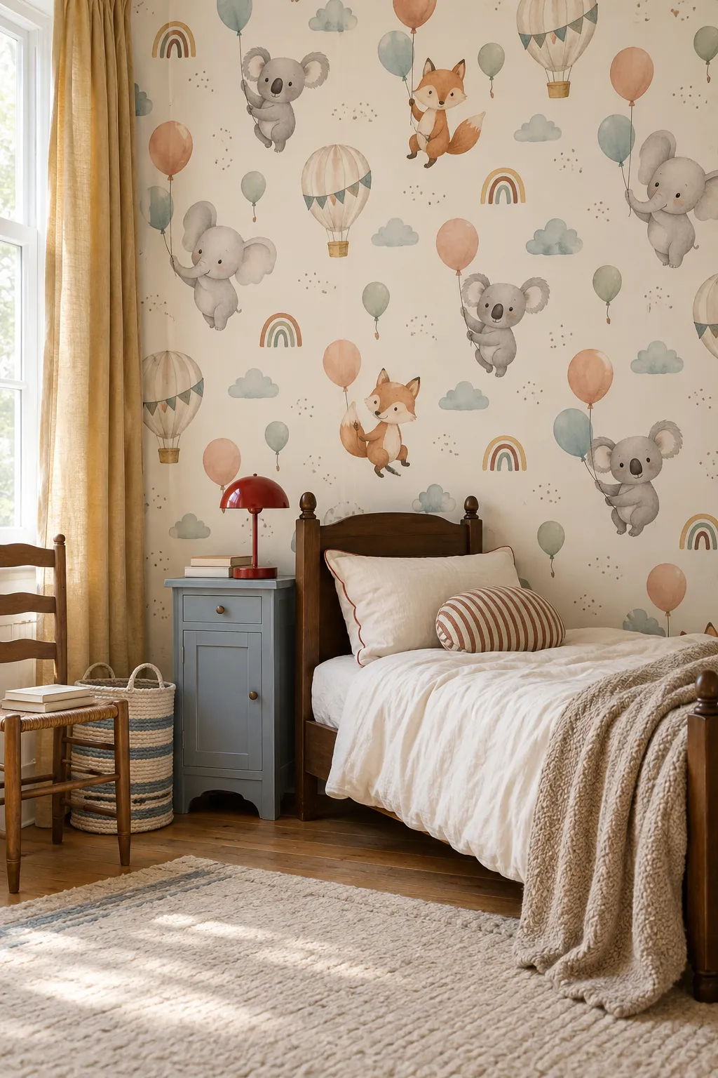 Children’s room concept featuring koalas, foxes, elephants, balloons, and rainbows.