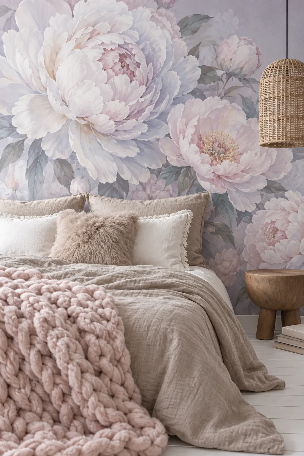 Lavender peony wall design in a cozy bedroom with neutral bedding